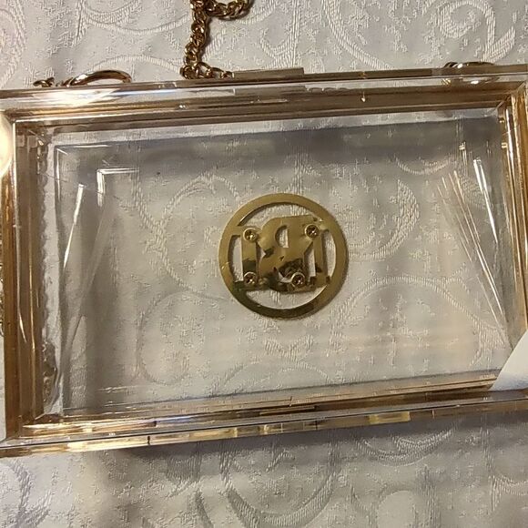 Badgley Mischka Clear Acrylic Clutch with Gold Chain and Rhinestone Monogram - Picture 4 of 8